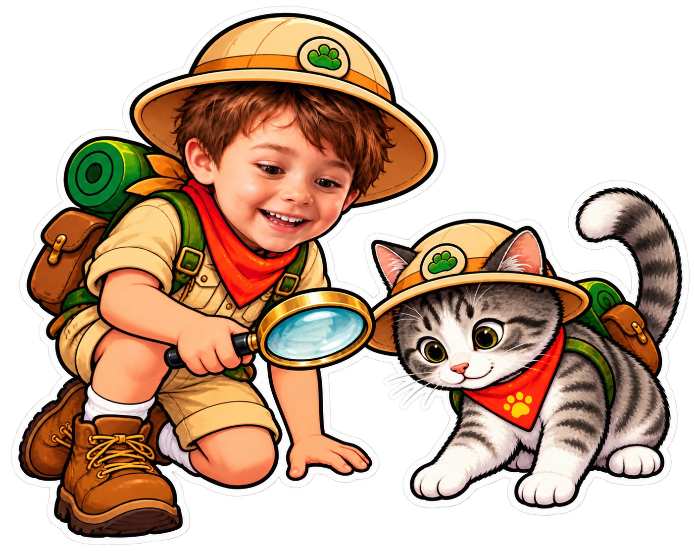 {{name}} kneels with a magnifying glass while their pet crouches to investigate a blue fossil