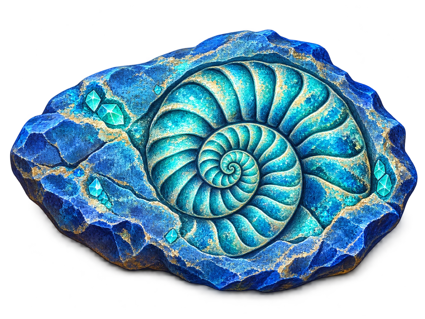 A turquoise spiral fossil embedded in an irregular blue stone