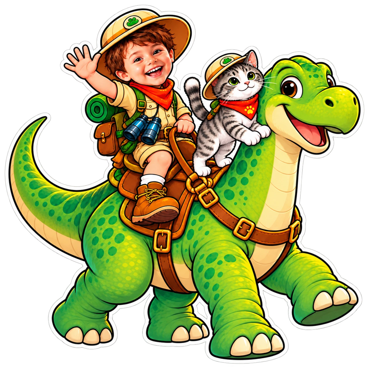 {{name}} waves while their pet stands at the neck of their friendly walking dinosaur