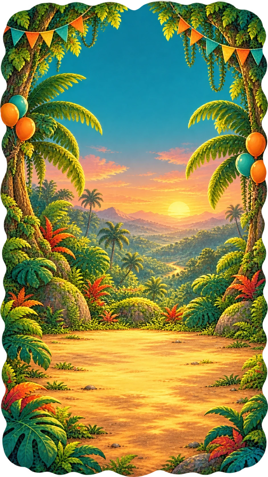 A sunset jungle celebration with colorful bunting and balloons
