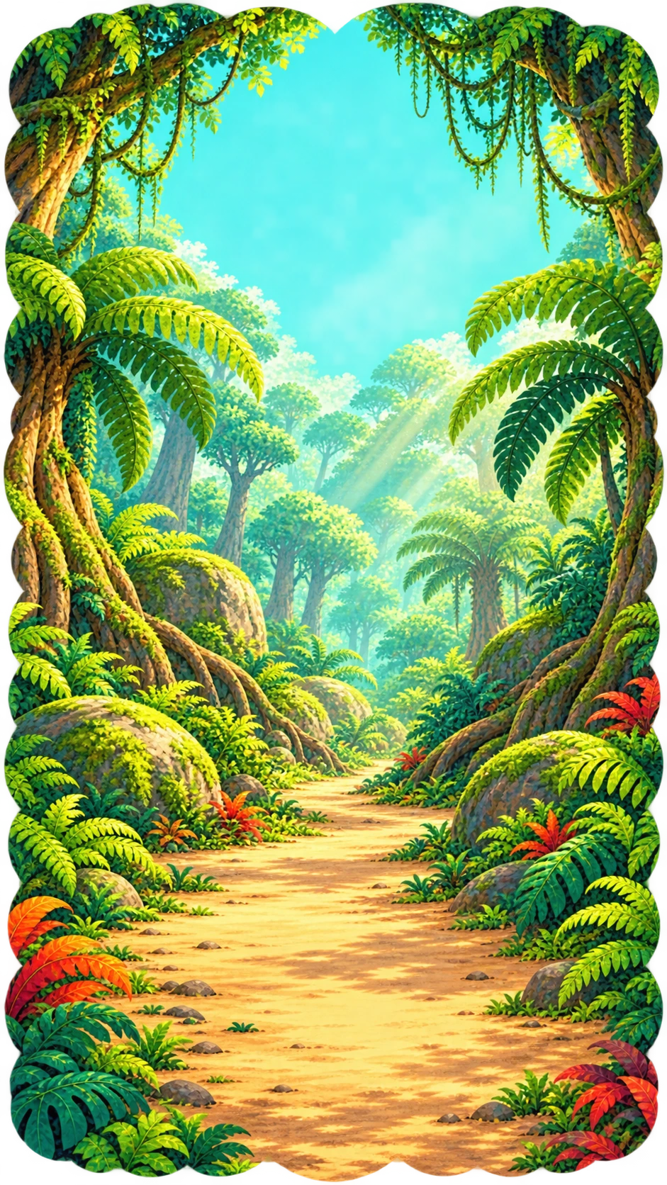 A sunlit fern forest with giant ancient trees, hanging vines and a winding path