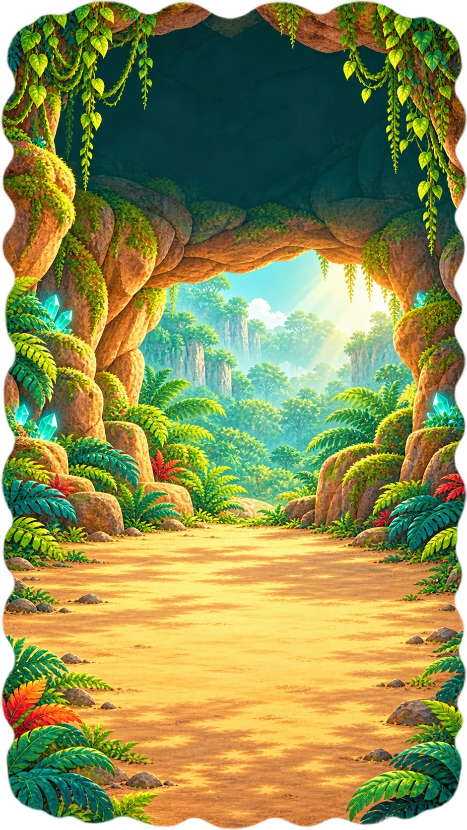 A sunlit sandstone grotto with hanging vines and glowing turquoise crystals