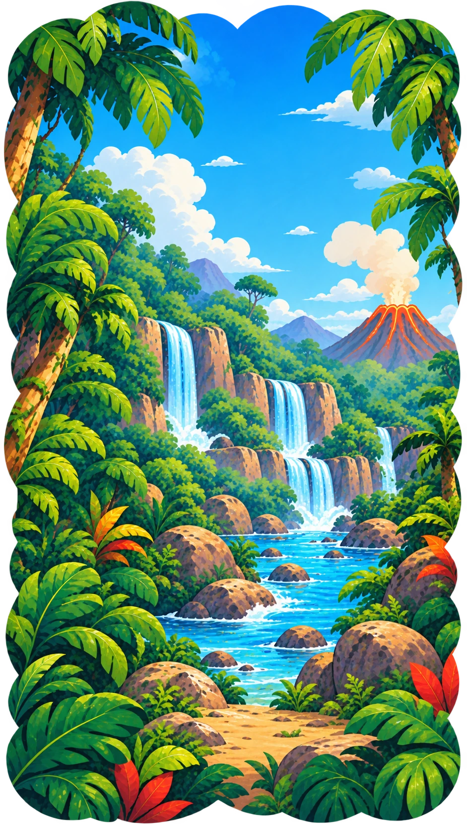 An illustrated jungle with waterfalls and a distant volcano